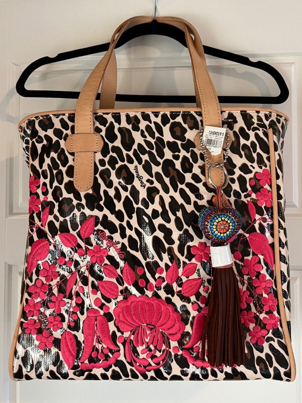 Consuela Seffie Classic Tote Leopard Cheetah Floral Embroidered Bag With Charm